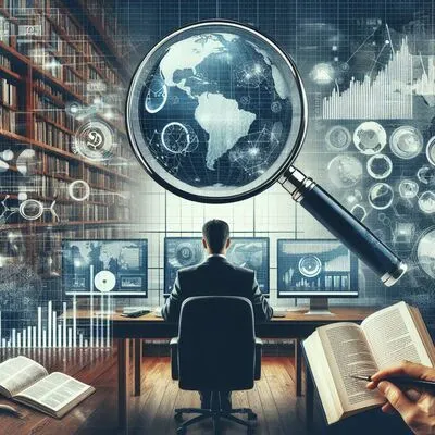 A person sitting at a desk, analyzing global data displayed on screens, symbolizing company analysis