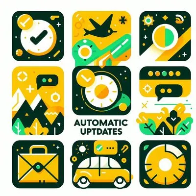 Real-time alerts and updates, featuring symbols for time, travel, nature, communication, and transportation, with a central theme of automatic updates in a green and yellow color scheme.