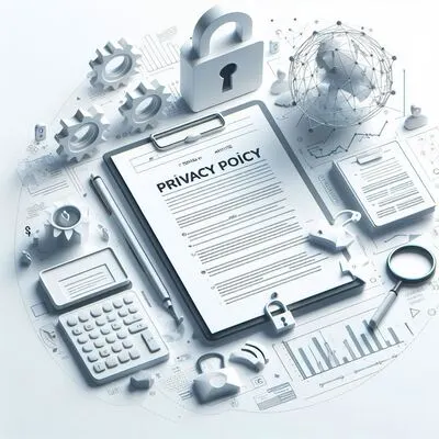 Privacy policy document, surrounded by icons symbolizing security, data analysis, and global connectivity, reflecting the themes of competitor insight and compliance scanning.