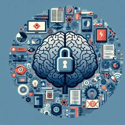 Brain with a padlock, surrounded by icons representing data and technology, symbolizing the privacy and encryption of user data in a zero-knowledge system.