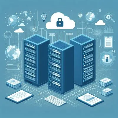 Secure data servers connected to various technological elements, including a cloud with a lock symbol, symbolizing robust encryption and security for corporate data.